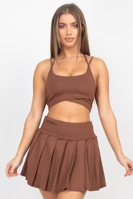 Chocolate Brown Overlapping Crop Top & Pleated Tennis Skirts Set