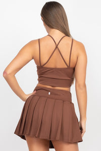 Chocolate Brown Overlapping Crop Top & Pleated Tennis Skirts Set