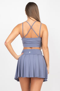 Dark Denim Blue Overlapping Crop Top & Pleated Tennis Skirts Set