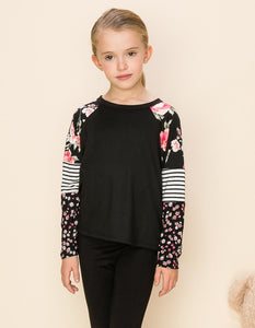Black Contrast Floral&Striped Solid Top