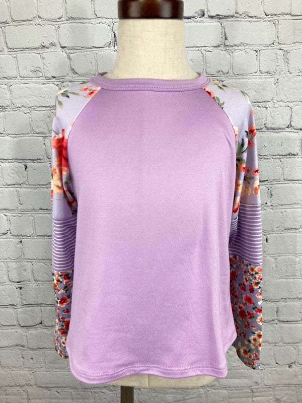 Lavender Contrast Floral&Striped Solid Top