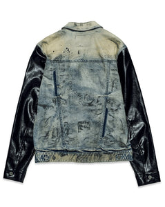 Light Sand Tint Faux Leather Sleeves Denim Jacket