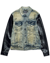 Light Sand Tint Faux Leather Sleeves Denim Jacket