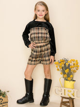 Girl's Knit Jacquard Plaid W/Velvet Top&Shorts Set