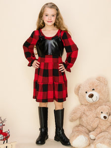 Red/Black Plaid Dress With Contrast Pu Leather Cami Crop Top