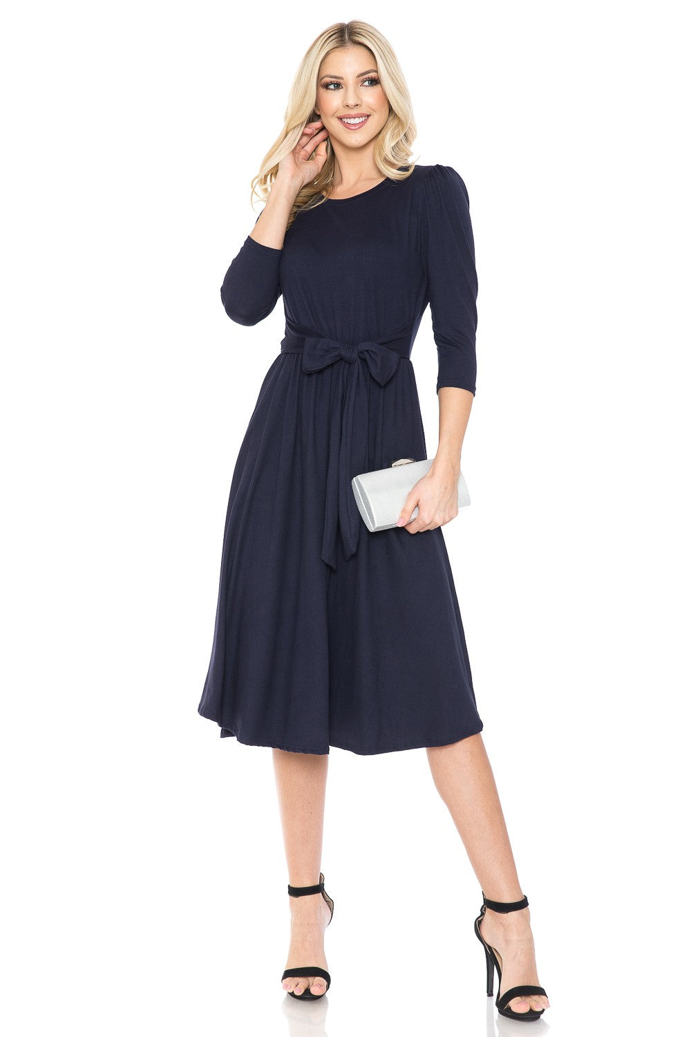 Navy A-Line Midi Dress With Shirred Shoulder
