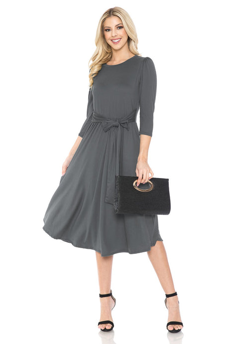 Cement A-Line Midi Dress With Shirred Shoulder