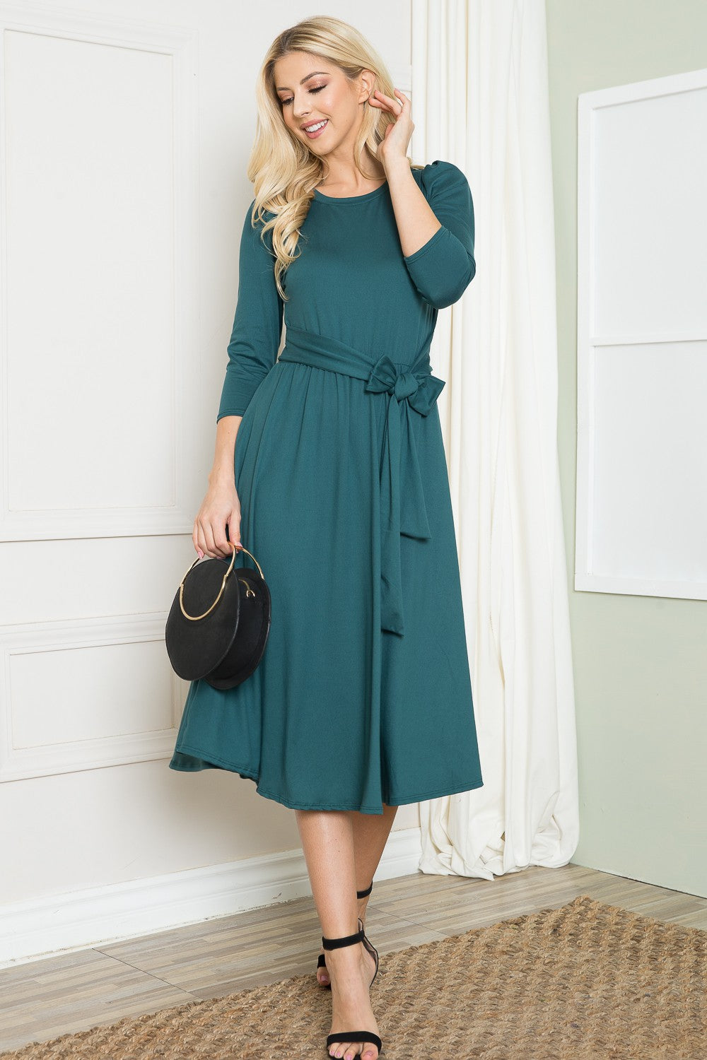 Hunter Green A-Line Midi Dress With Shirred Shoulder Aquarius Brand Hunter Green A-Line Midi Dress With Shirred Shoulder Aquarius Brand
