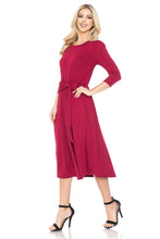Burgundy A-Line Midi Dress With Shirred Shoulder