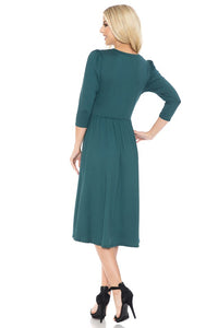 Hunter Green A-Line Midi Dress With Shirred Shoulder