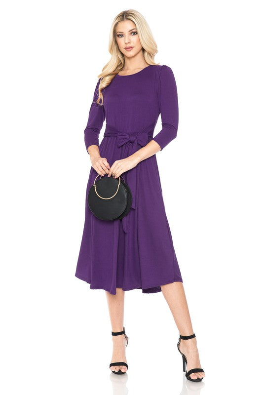 Eggplant A-Line Midi Dress With Shirred Shoulder