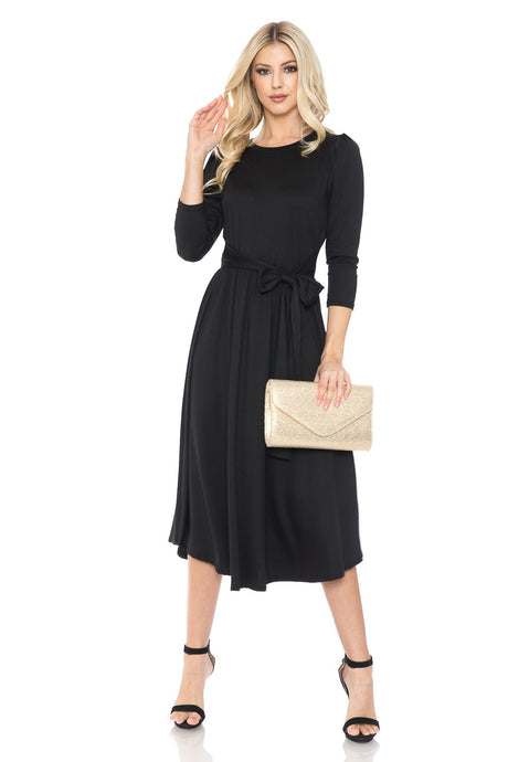 Black A-Line Midi Dress With Shirred Shoulder