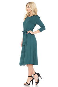 Hunter Green A-Line Midi Dress With Shirred Shoulder
