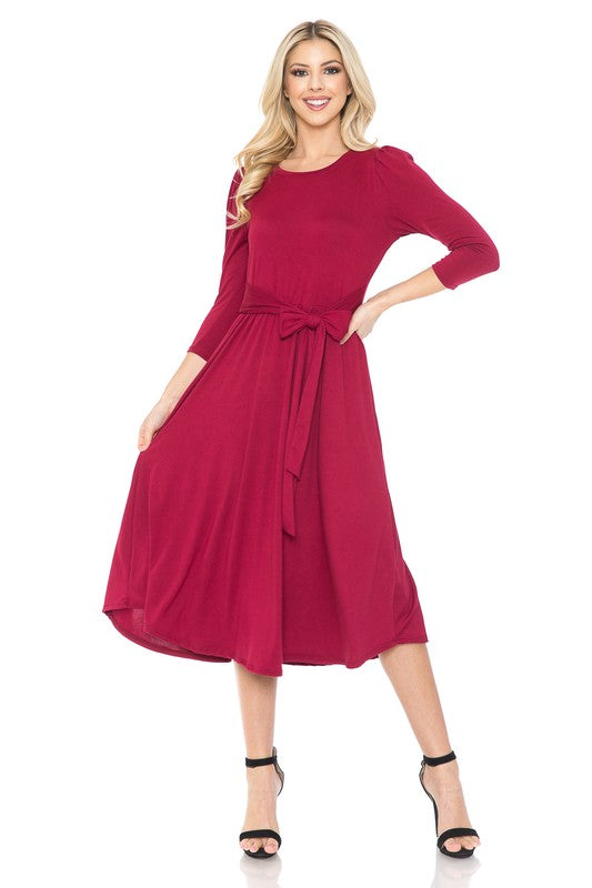 Burgundy A-Line Midi Dress With Shirred Shoulder