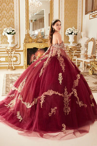 Burgundy Layered Gold Lace Ball Gown