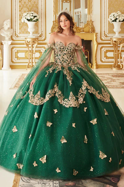 Emerald Strapless Golden Butterfly Emerald Ball Gown