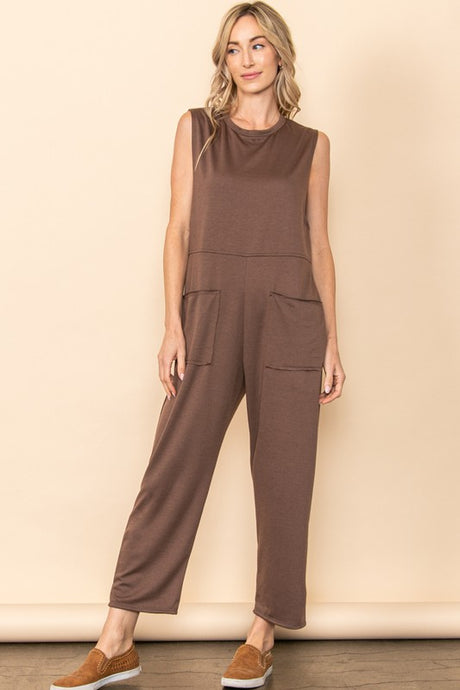 Mocha French Terry Front Pocket Detailed Jumper Jumpsuit