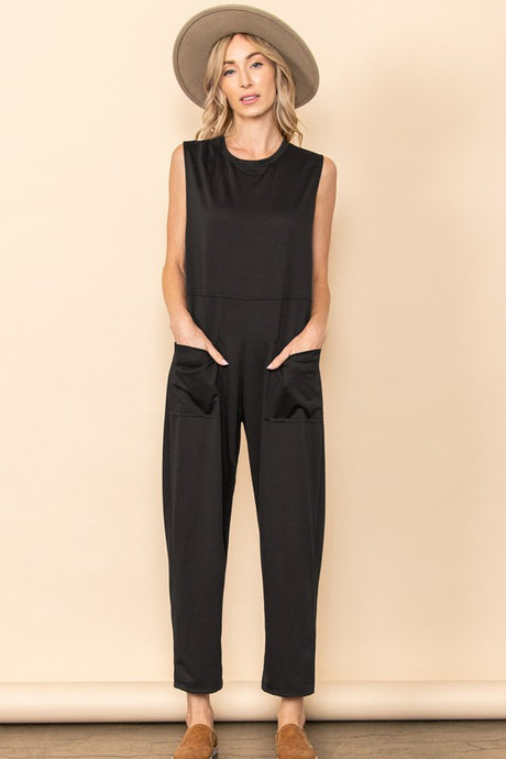 Black French Terry Front Pocket Detailed Jumper Jumpsuit