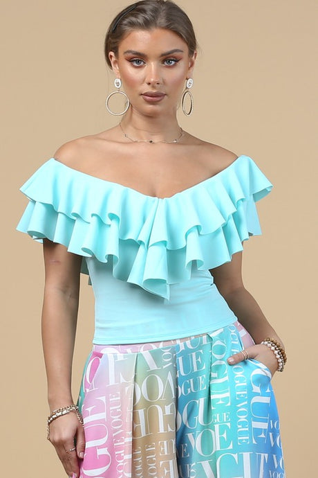 Sky Blue V Neck Ruffled Top