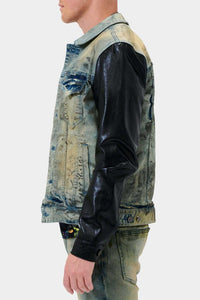 Light Sand Tint Faux Leather Sleeves Denim Jacket