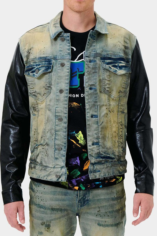 Light Sand Tint Faux Leather Sleeves Denim Jacket