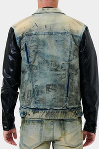 Light Sand Tint Faux Leather Sleeves Denim Jacket