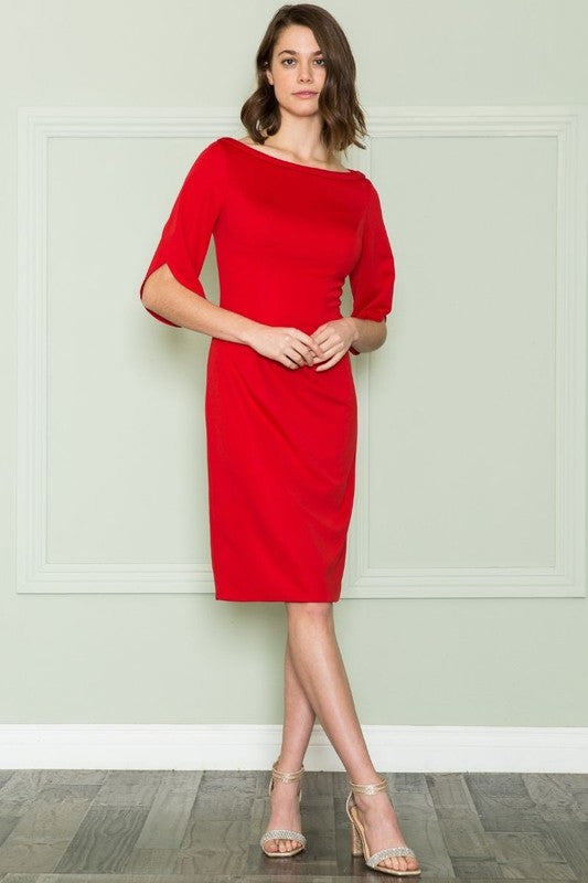 Red Three Quarter Sleeves Midi Business Casual Dress With Boat Neck Aquarius Brand Red Three Quarter Sleeves Midi Business Casual Dress With Boat Neck Aquarius Brand