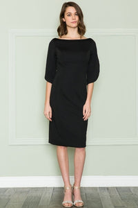 Black Three Quarter Sleeves Midi Business Casual Dress With Boat Neck