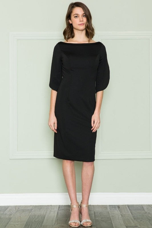 Black Three Quarter Sleeves Midi Business Casual Dress With Boat Neck – Aquarius Brand Black Three Quarter Sleeves Midi Business Casual Dress With Boat Neck – Aquarius Brand
