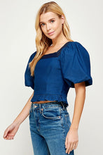 Blue/Indigo Blue Balloon Short Sleeve Top-stiched Denim Top