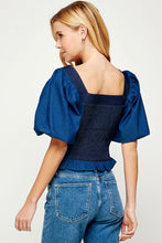 Blue/Indigo Blue Balloon Short Sleeve Top-stiched Denim Top