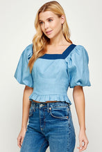 Light Blue/Dark Blue Balloon Short Sleeve Top-stiched Denim Top