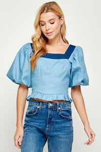 Light Blue/Dark Blue Balloon Short Sleeve Top-stiched Denim Top