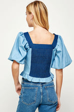 Light Blue/Dark Blue Balloon Short Sleeve Top-stiched Denim Top