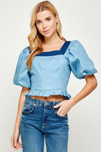 Light Blue/Dark Blue Balloon Short Sleeve Top-stiched Denim Top