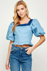 Light Blue/Dark Blue Balloon Short Sleeve Top-stiched Denim Top