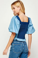 Light Blue/Dark Blue Balloon Short Sleeve Top-stiched Denim Top
