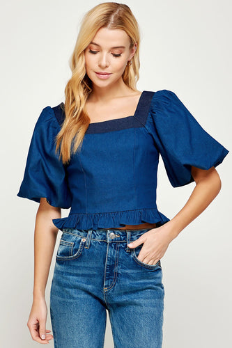 Blue/Indigo Blue Balloon Short Sleeve Top-stiched Denim Top