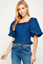 Blue/Indigo Blue Balloon Short Sleeve Top-stiched Denim Top