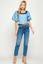 Light Blue/Dark Blue Balloon Short Sleeve Top-stiched Denim Top