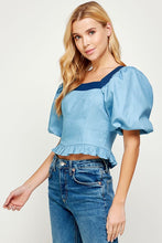 Light Blue/Dark Blue Balloon Short Sleeve Top-stiched Denim Top