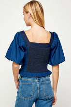 Blue/Indigo Blue Balloon Short Sleeve Top-stiched Denim Top