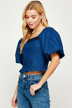 Blue/Indigo Blue Balloon Short Sleeve Top-stiched Denim Top