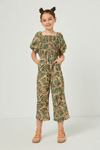 Taupe Tropical Leaf Print Smocked Puff Sleeve Jumpsuit