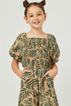 Taupe Tropical Leaf Print Smocked Puff Sleeve Jumpsuit