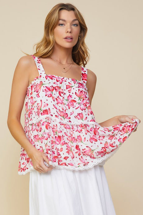 Square Neck Floral Swiss Dot Tiered Tank Top