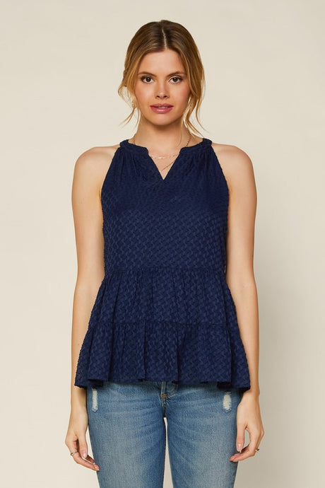 Navy Sleeveless Textured Halter Tiered Ruffle Tank Top