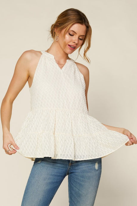 Ivory Sleeveless Textured Halter Tiered Ruffle Tank Top