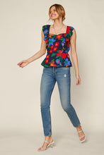 Navy Blue Floral Print Ruched Front Ruffle Sleeve Peplum Top