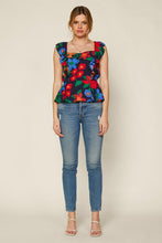 Navy Blue Floral Print Ruched Front Ruffle Sleeve Peplum Top